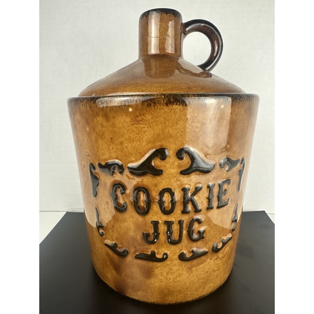 VTG Cookie Jar as Stoneware Jug Cookie Jug Monmouth USA With Lid and Handle Read